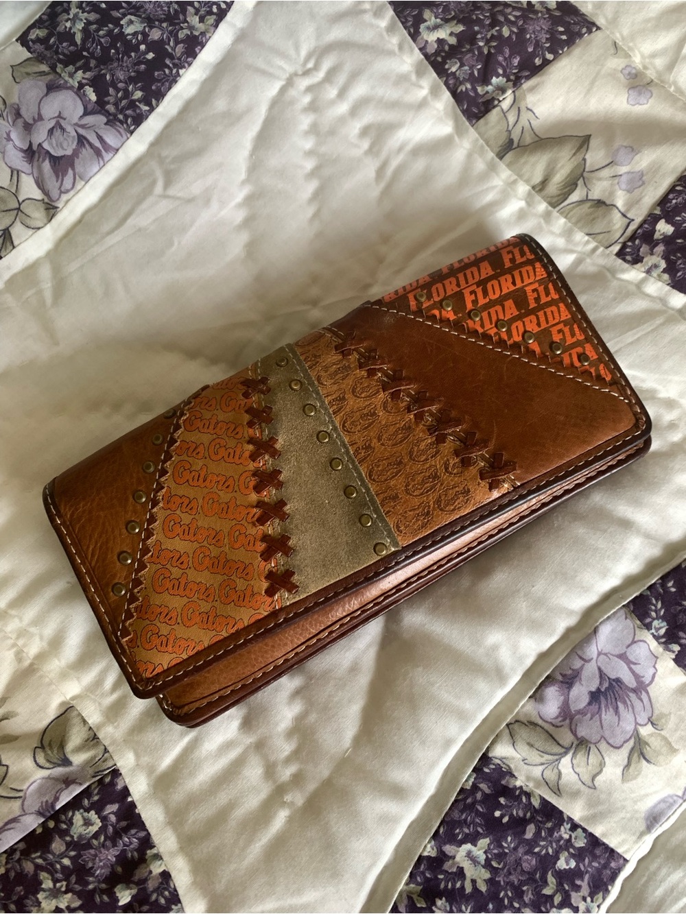 Brown Leather University of FL Patchwork Women's Wallet with Team Logos